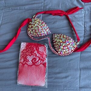 Red Sequin Bikini Top with Fishnet Cover-Up